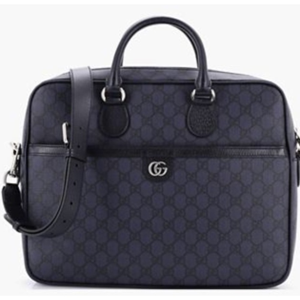 Gucci 792116 Blue GG Supreme Canvas Briefcase Leather Trim Laptop Bag Mens